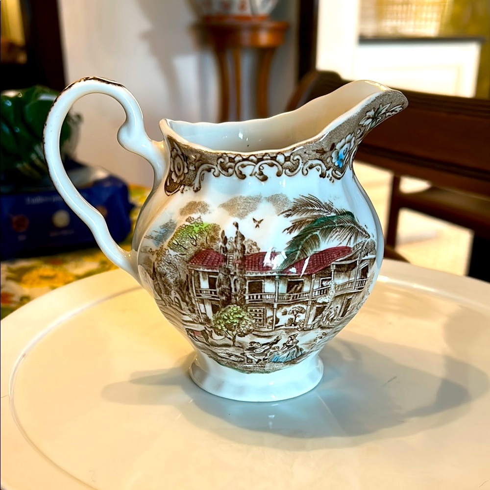 Vintage English Spode Ceramic Pitcher with Brown and Cream Design